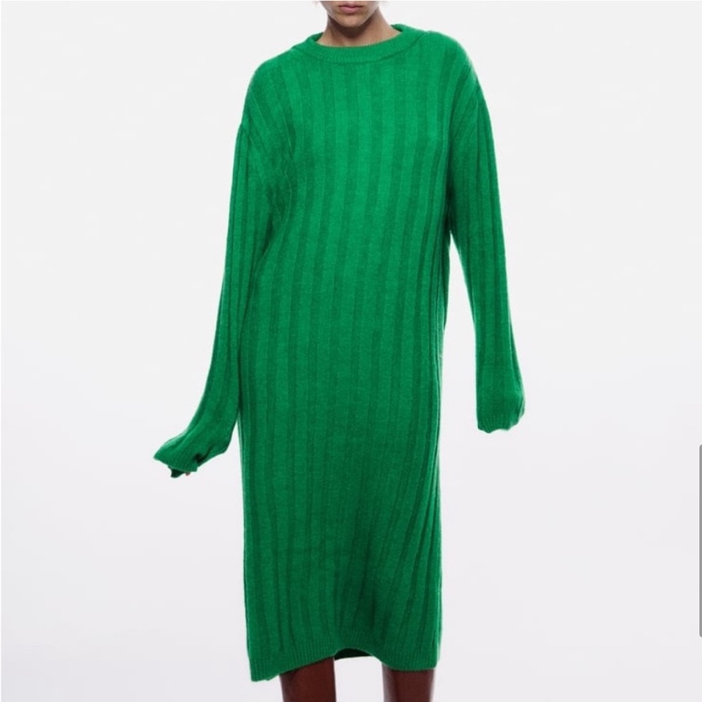 🟢 ZARA Bloggers Fav Long-Sleeved Ribbed Knit Midi Dress Size SM. Sweater Dress - Picture 10 of 16